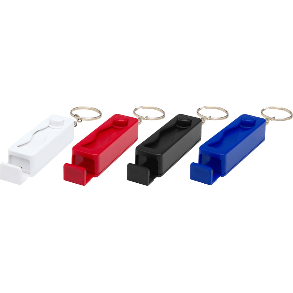 A set of four keychain fidget toys in white, red, black, and blue, each featuring a branding logo.