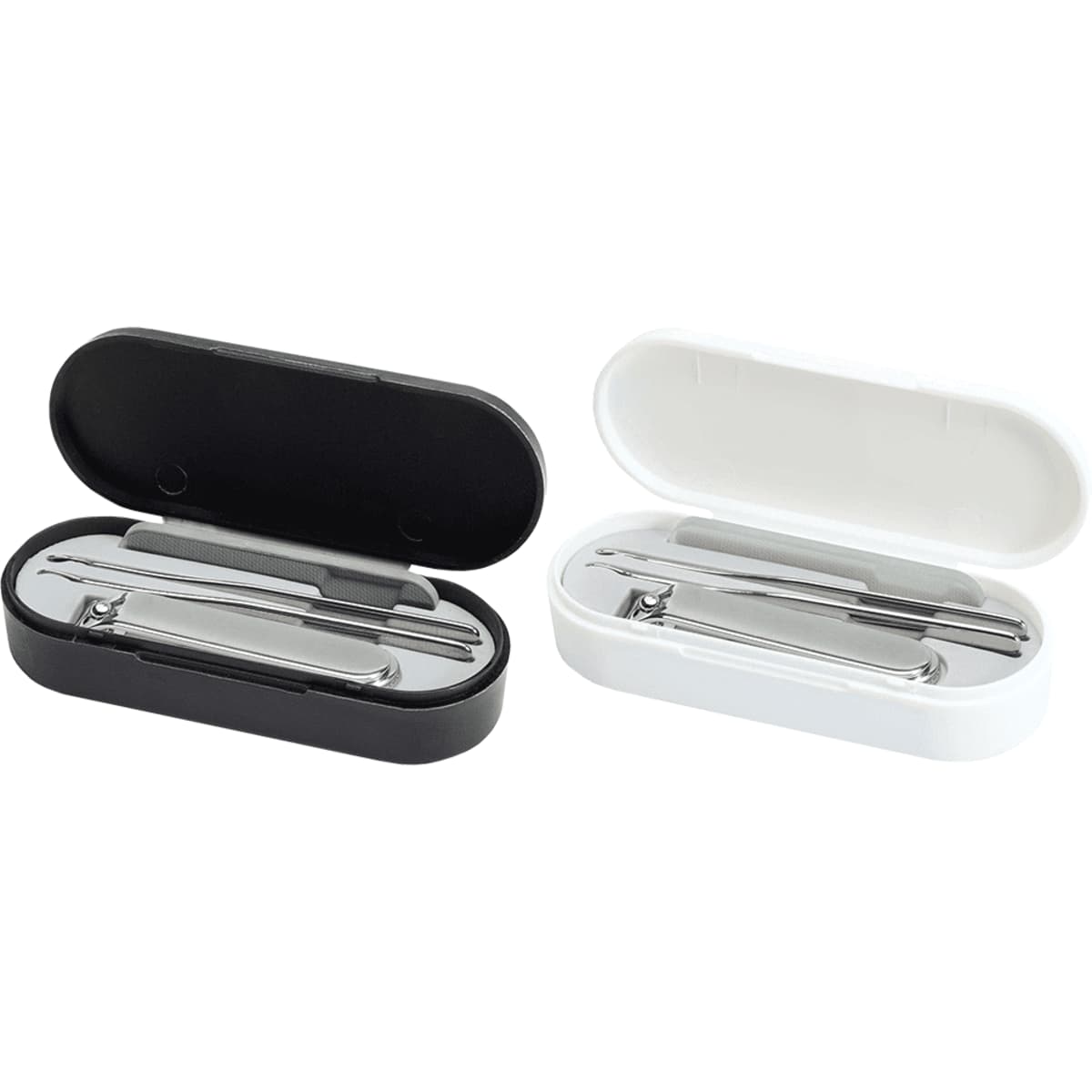 A manicure set in black and white cases, containing various metal nail care tools. Each case is open and displays its contents.