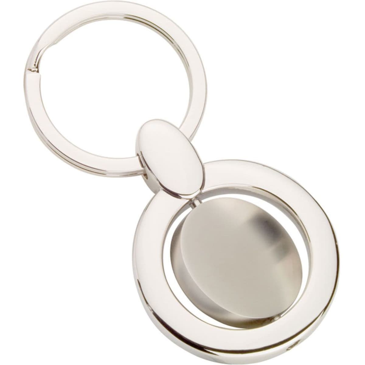 A silver swivel keyring featuring a circular design with a smooth finish and a central pivot point.