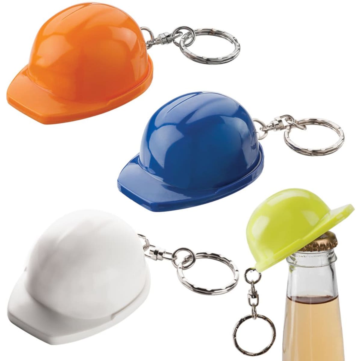 A collection of hard hat keyrings in orange, blue, white, and yellow, each with a metallic keychain attachment.