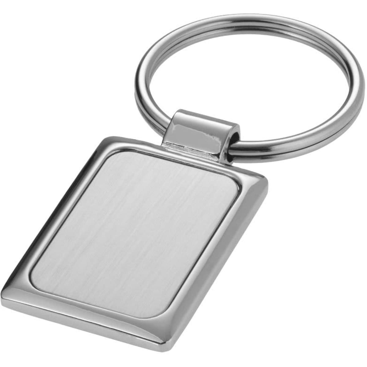 A rectangular silver keyring with a smooth, brushed metal finish and a circular keyring attachment.
