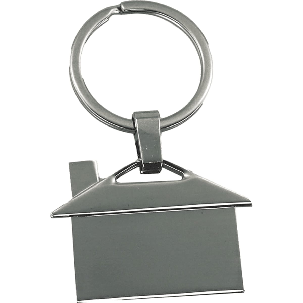 A house-shaped metal keyring in silver, featuring a sleek design with a keychain loop.