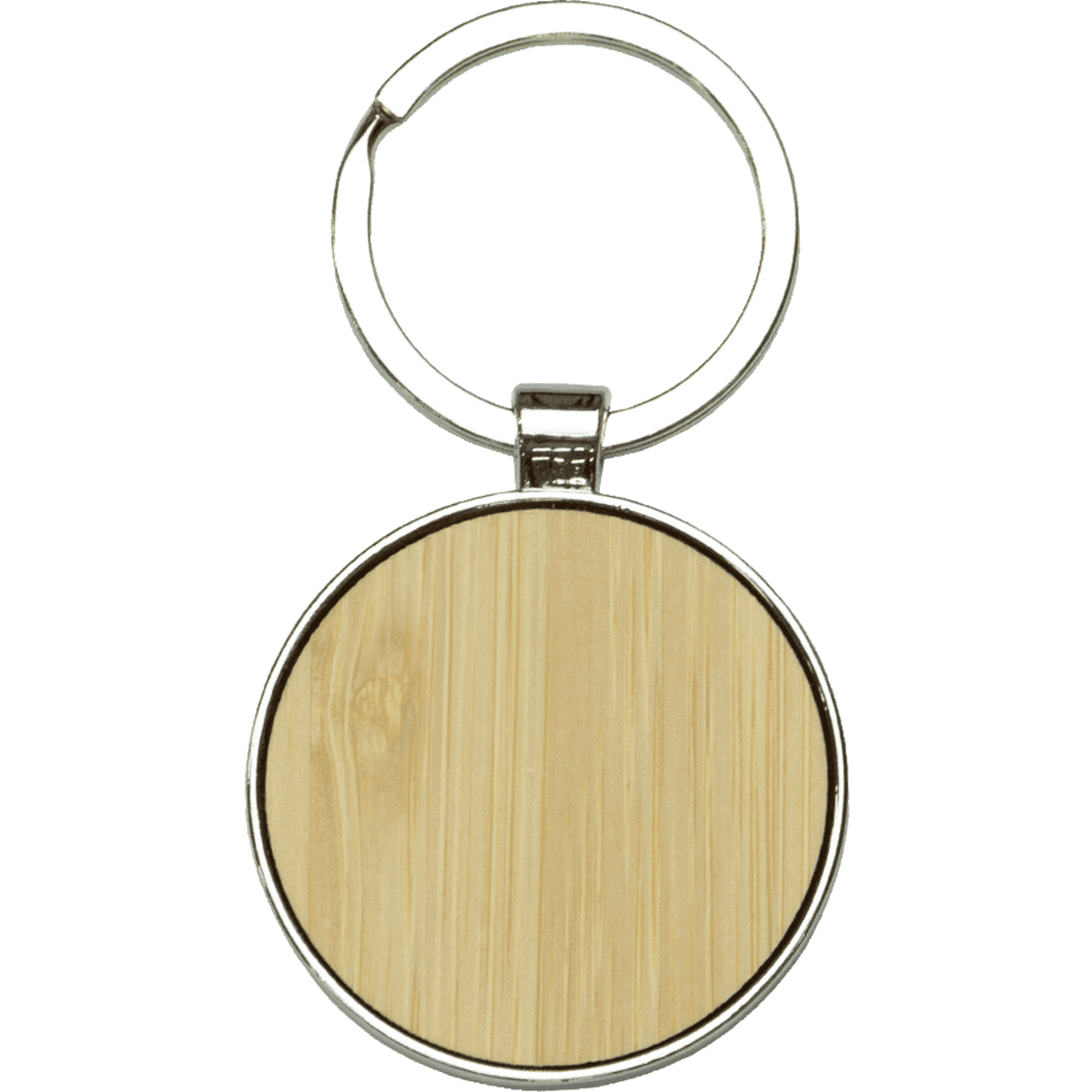 Circular keyring made of recycled zinc alloy with a bamboo surface, featuring a metal ring for attachment.