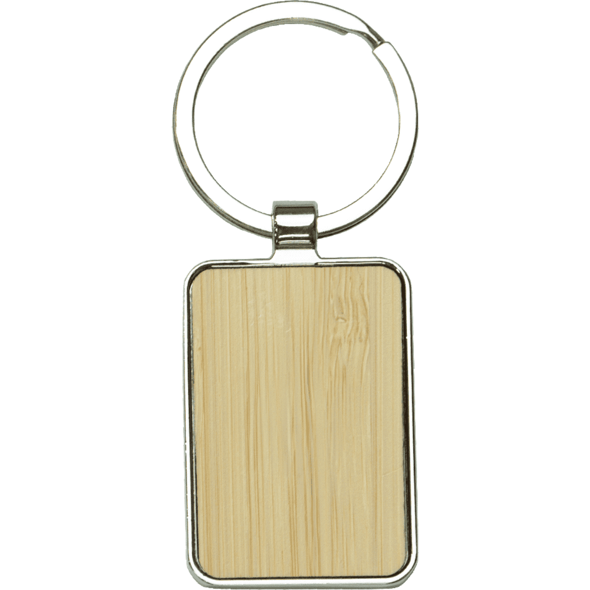 A rectangular keyring made of recycled zinc alloy with a bamboo insert, featuring a shiny silver finish.