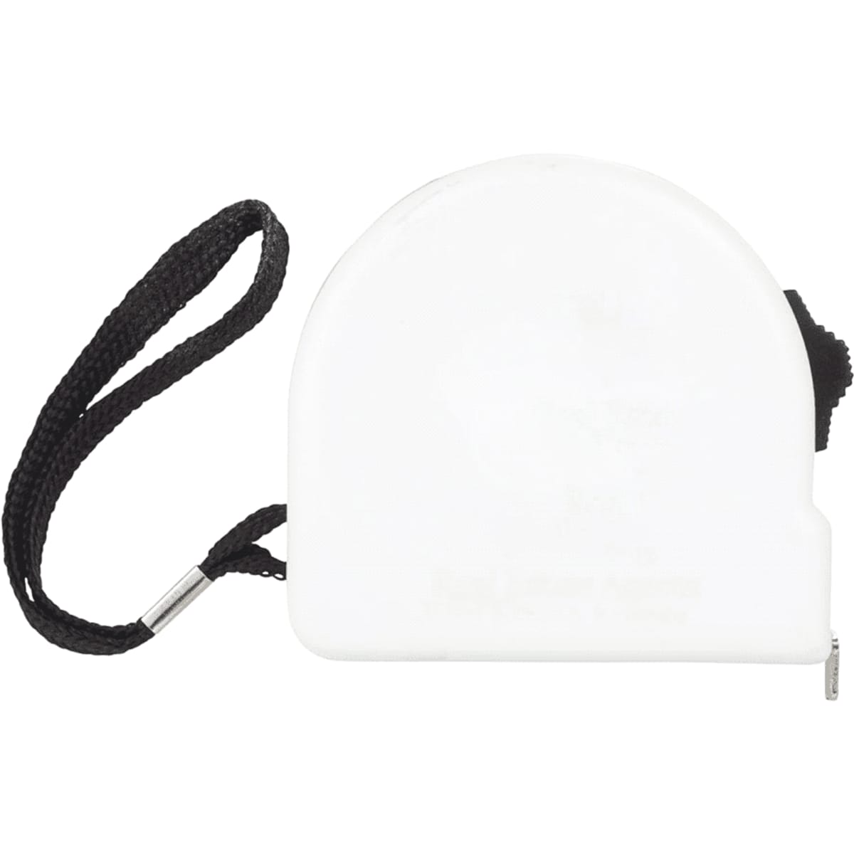 A white locking tape measure with a black strap, suitable for handy measurement tasks. It features a branding logo.