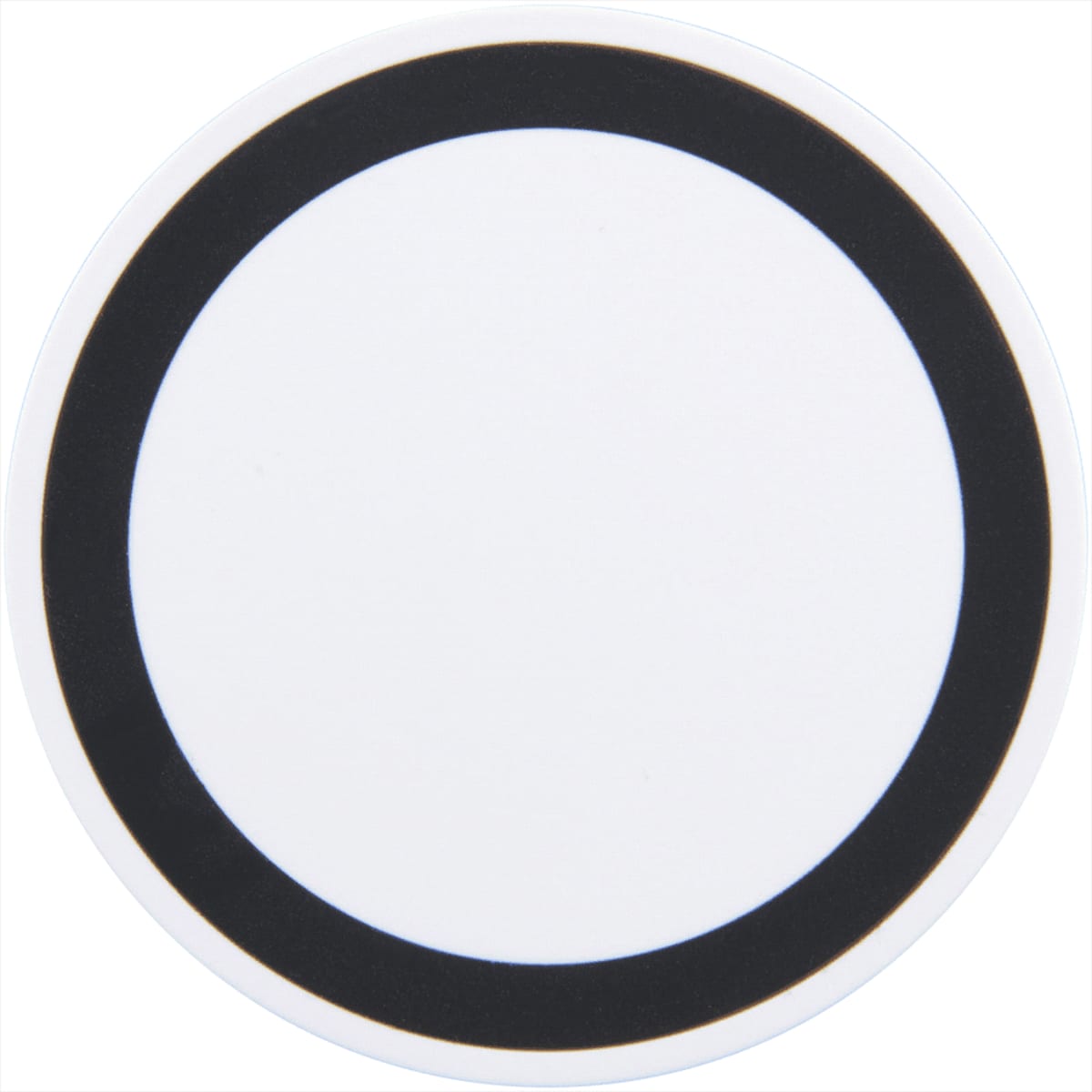 A wireless charging pad in white with a solid black border, featuring a logo.