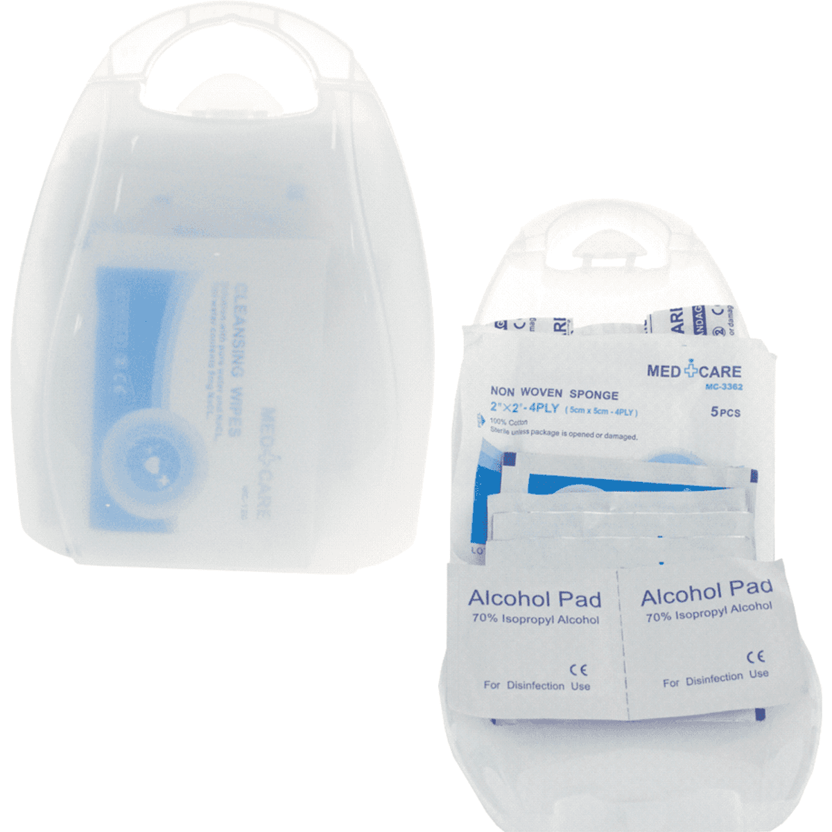 A white portable first aid kit featuring various medical supplies, including alcohol pads and cleansing wipes.