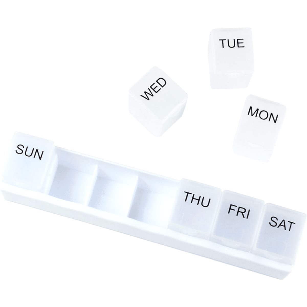A white weekly pill organiser with compartments for each day of the week and removable labels for Monday to Sunday.