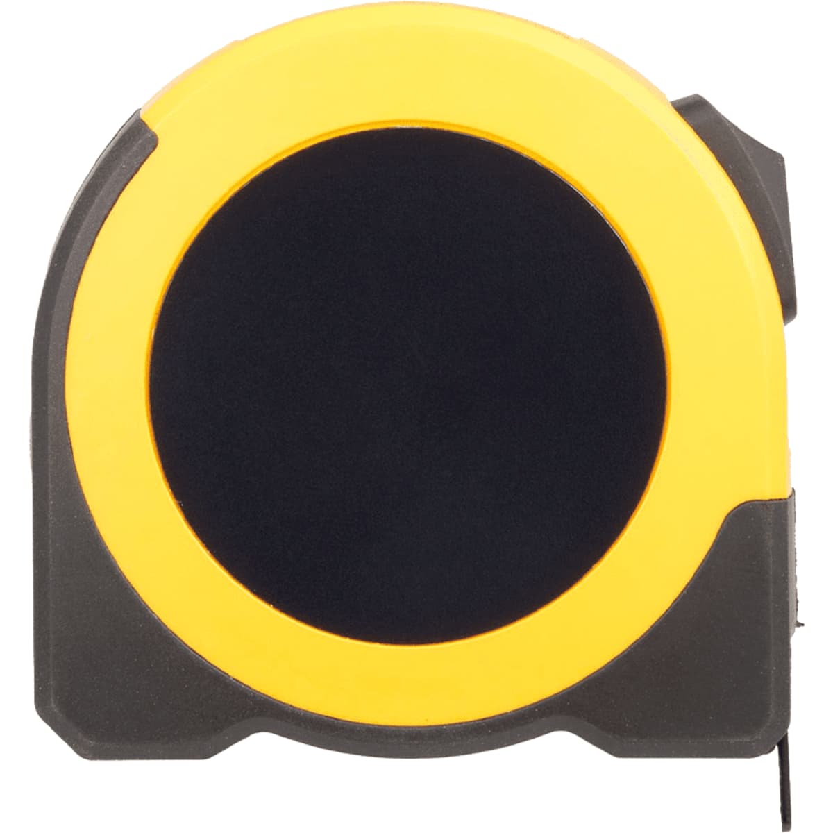 A tape measure featuring a black and yellow casing, with a rounded design and a side retractable mechanism.