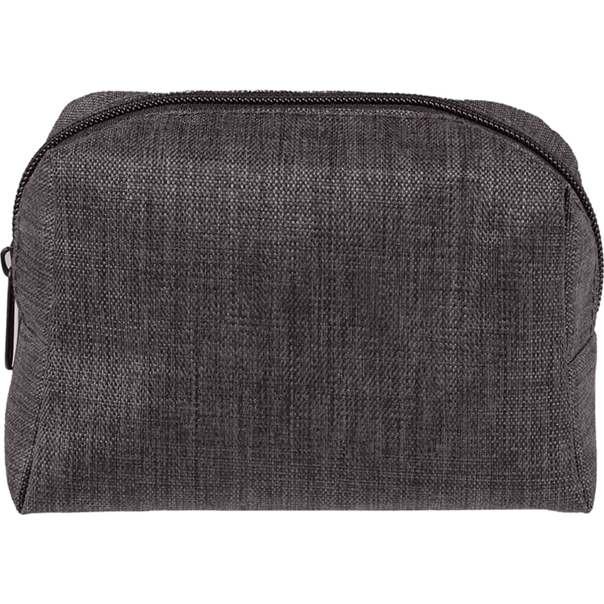 A grey toiletry bag with a zip closure, suitable for personal care essentials. Features a simple design and fabric texture.