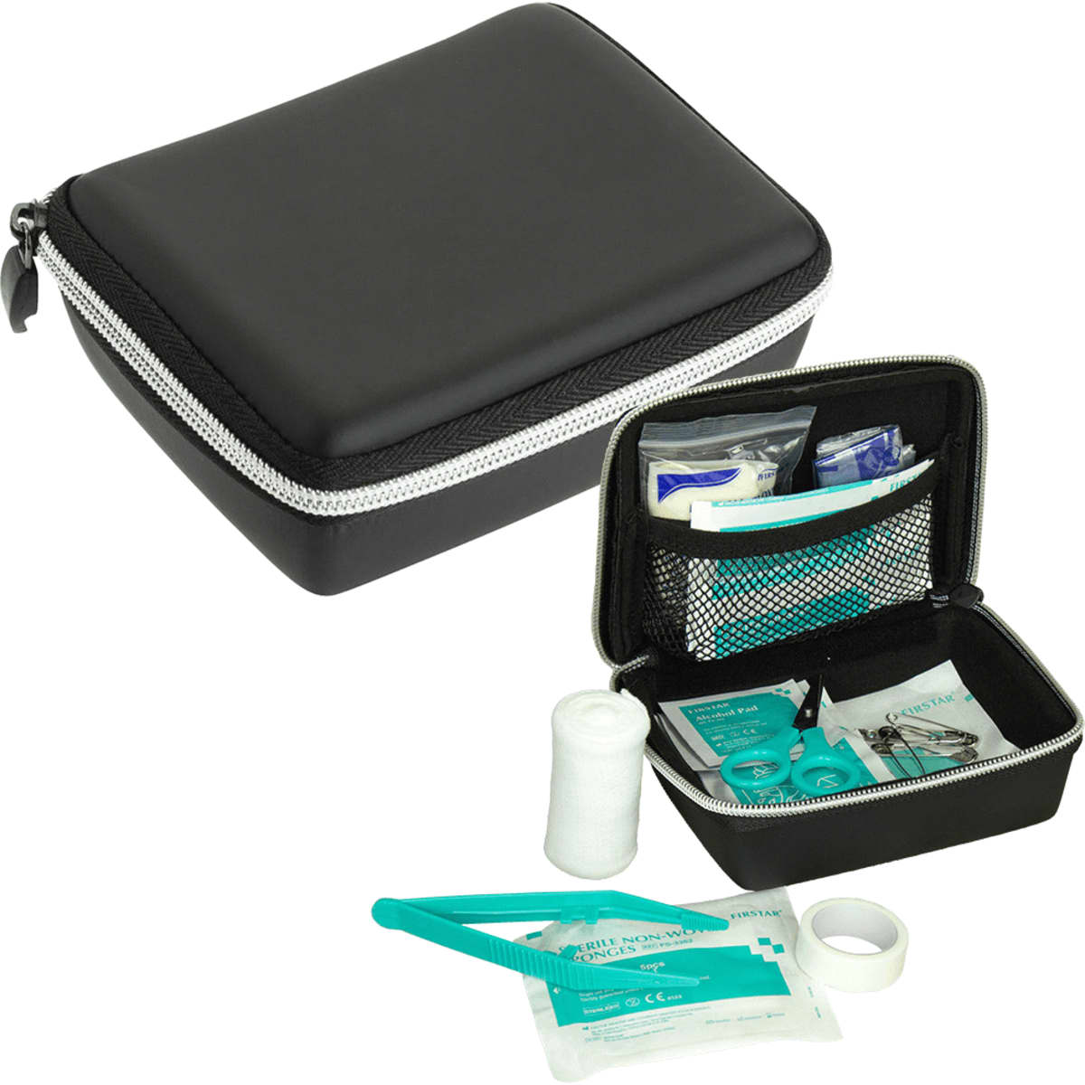 A black first aid kit with a zippered case, containing various medical supplies and a plastic tweezers.