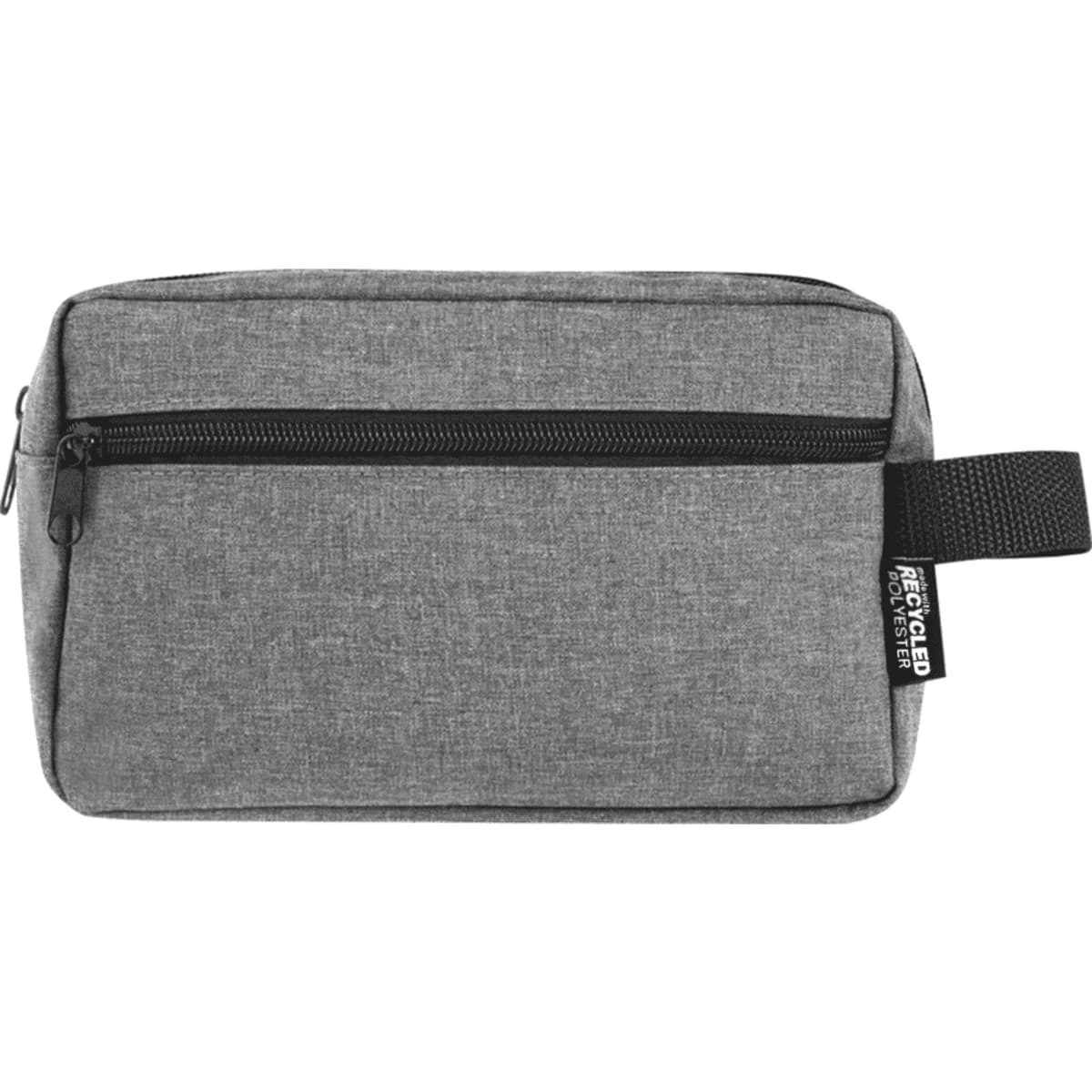 A grey toiletry bag with a zipper and a handle, featuring a small logo on the side.