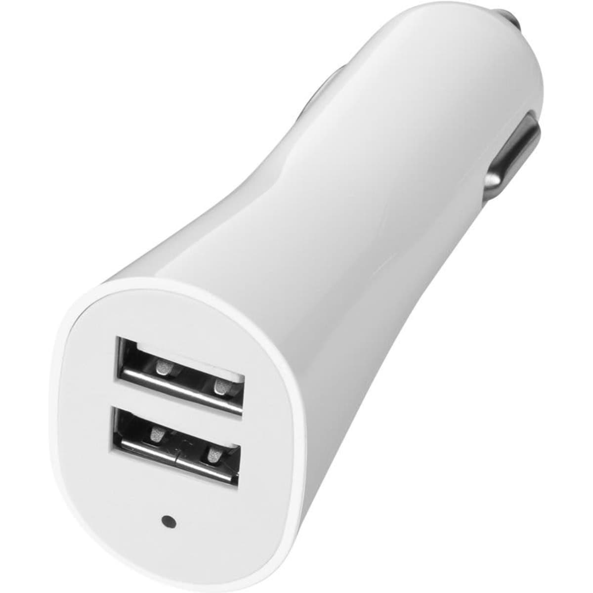 A white dual car charger with two USB ports and a small indicator light. It has a sleek, modern design.