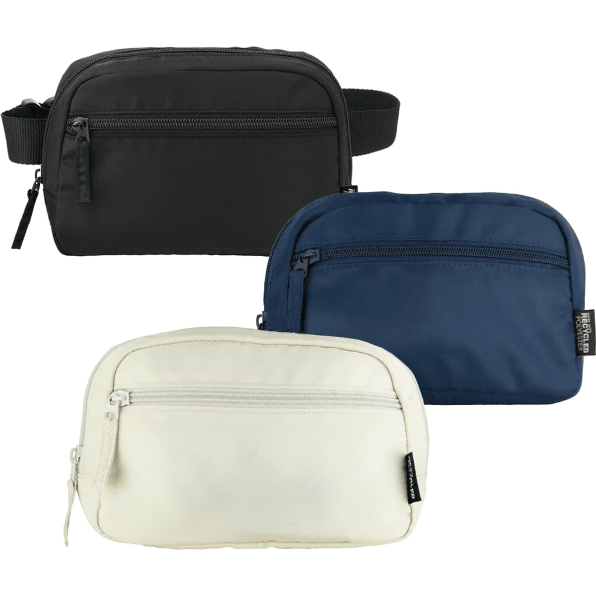 A collection of three recycled sport bum bags in black, navy, and white, each featuring a front zipper pocket and branding.