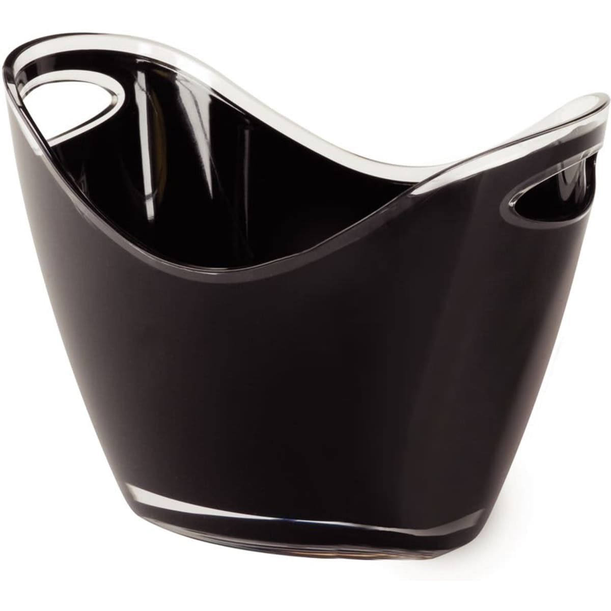 A black ice bucket with a sleek design and clear accents, featuring two side handles.