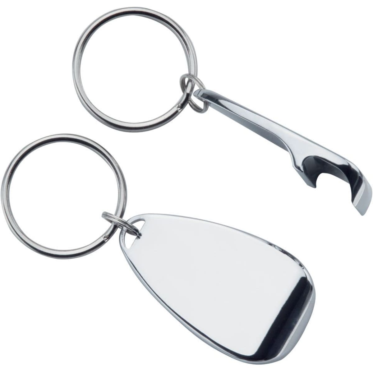 A drink bottle opener keyring in silver, featuring a keyring and a bottle opener attachment.