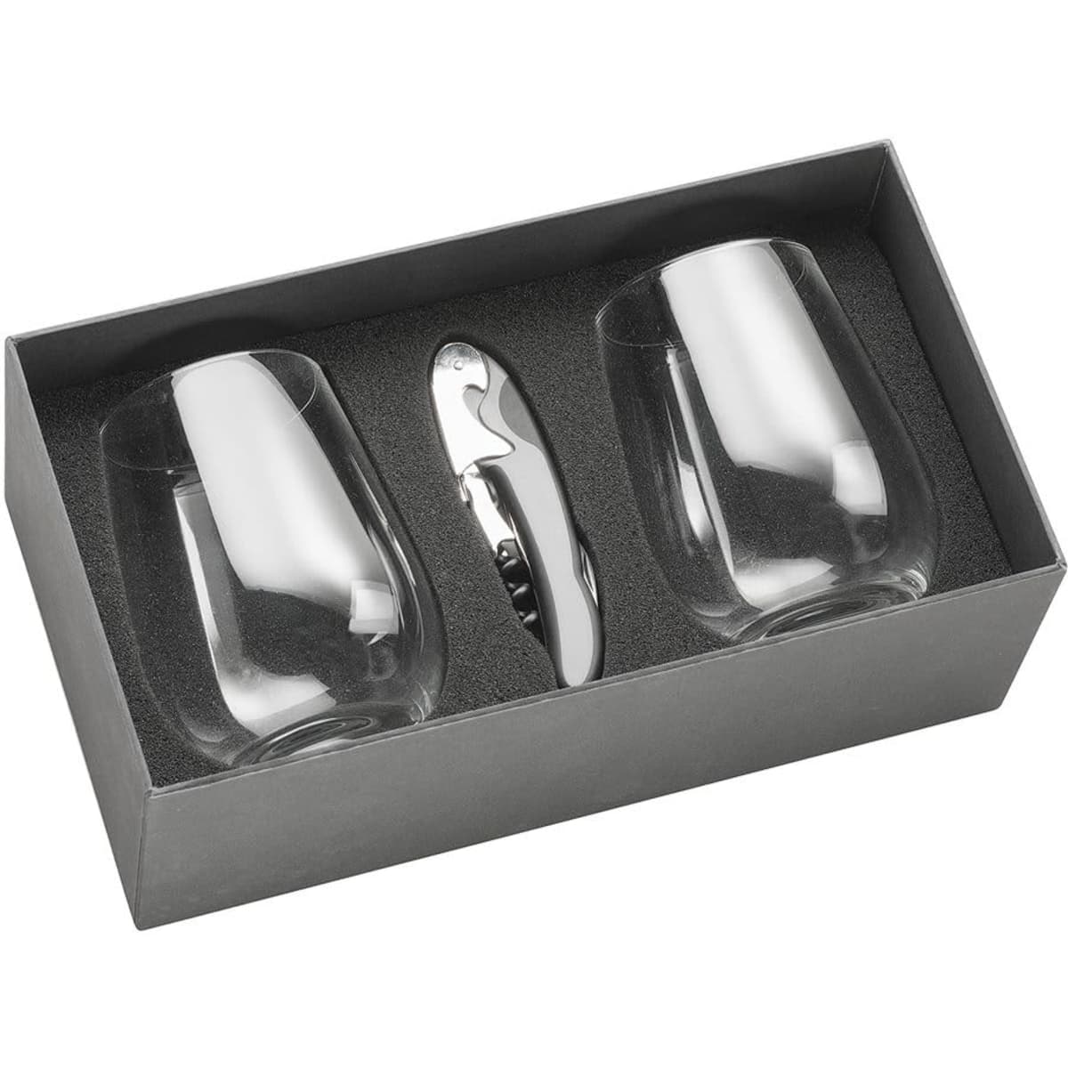 A wine glass set featuring two clear glasses and a silver corkscrew, presented in a sleek black box.