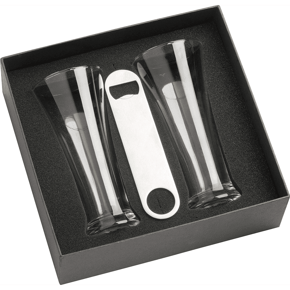 A set of two clear Pilsner beer glasses and a silver bottle opener, packaged in a black box.