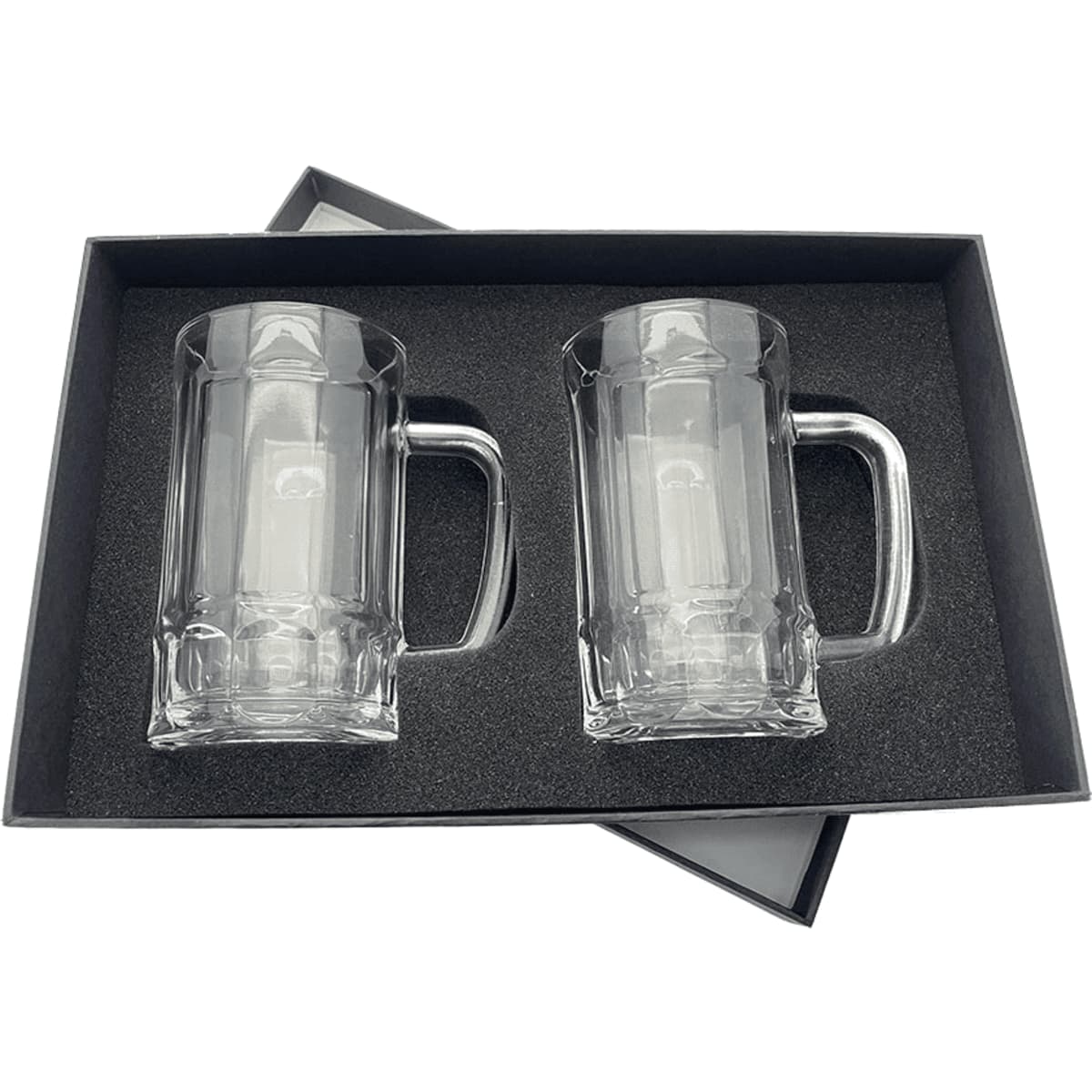 A set of two clear glass beer mugs, presented in a black gift box with a velvet interior.