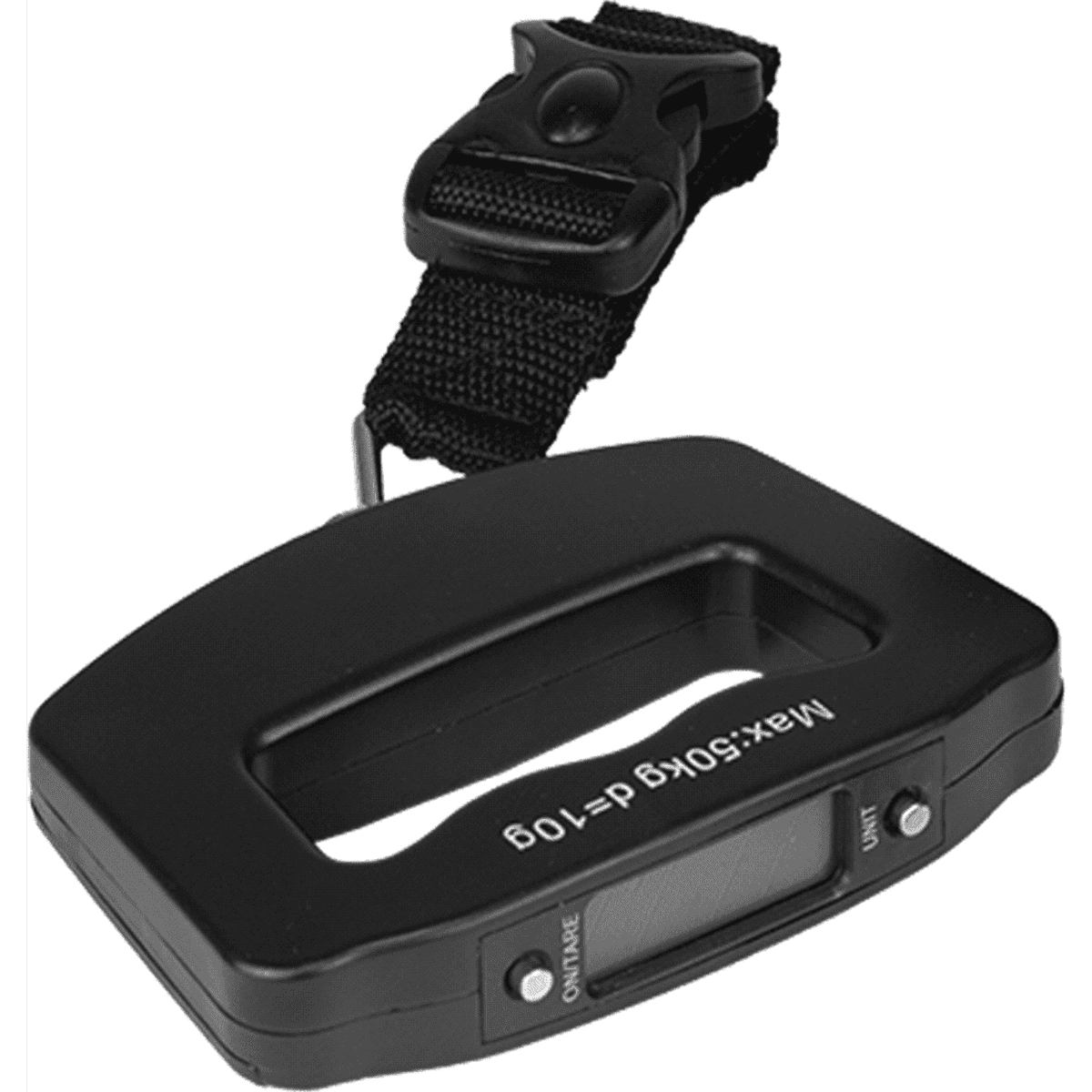A black luggage scale with a digital display and a strap for easy handling.
