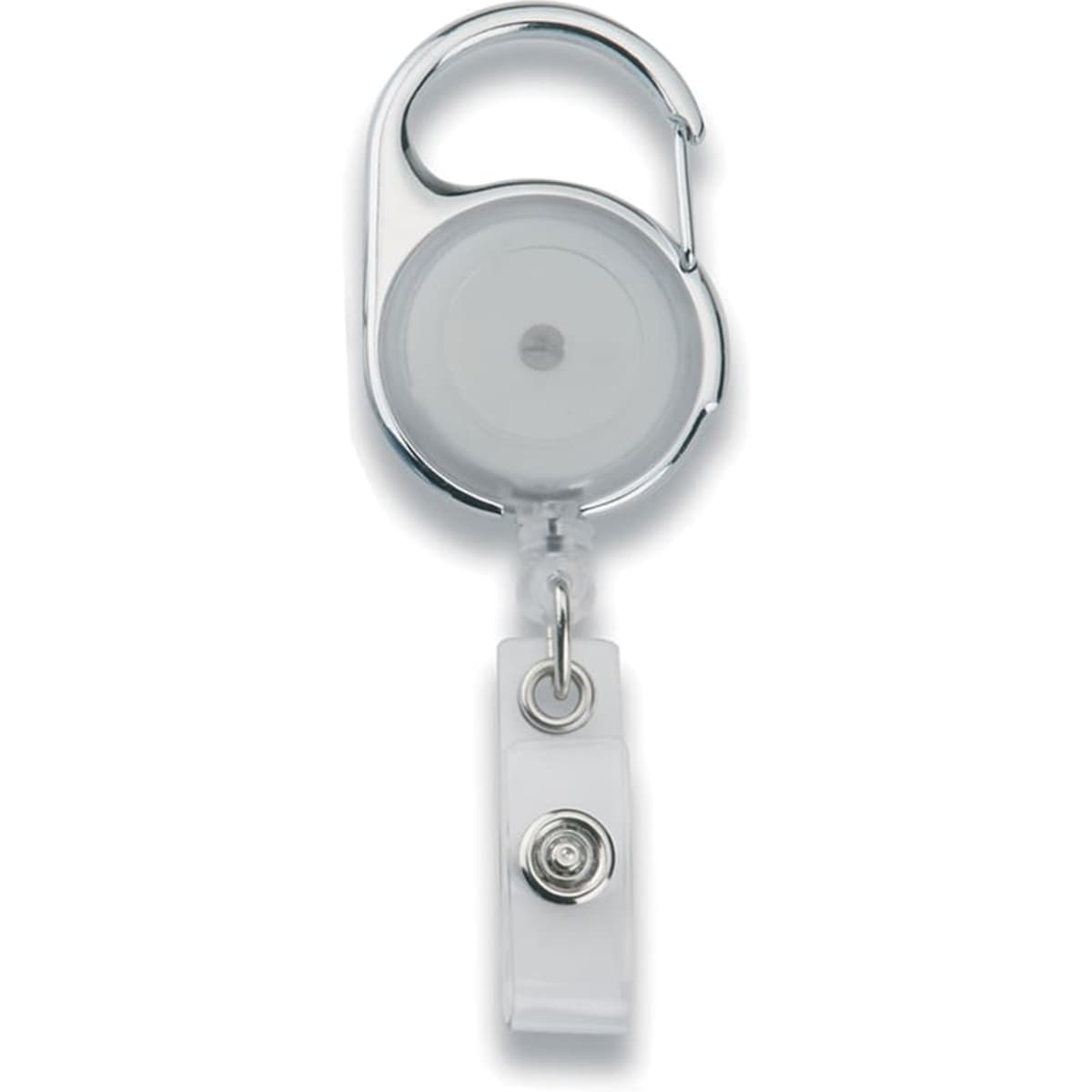 A retractable badge holder in silver and clear, featuring a clip and a transparent reel.
