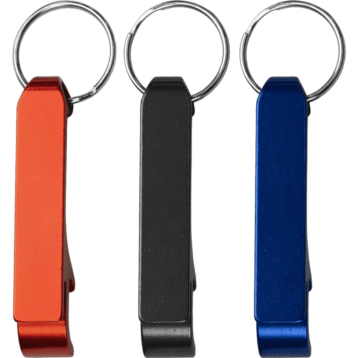 A drink bottle opener featuring three colours: red, black, and blue, each with a keyring attachment.