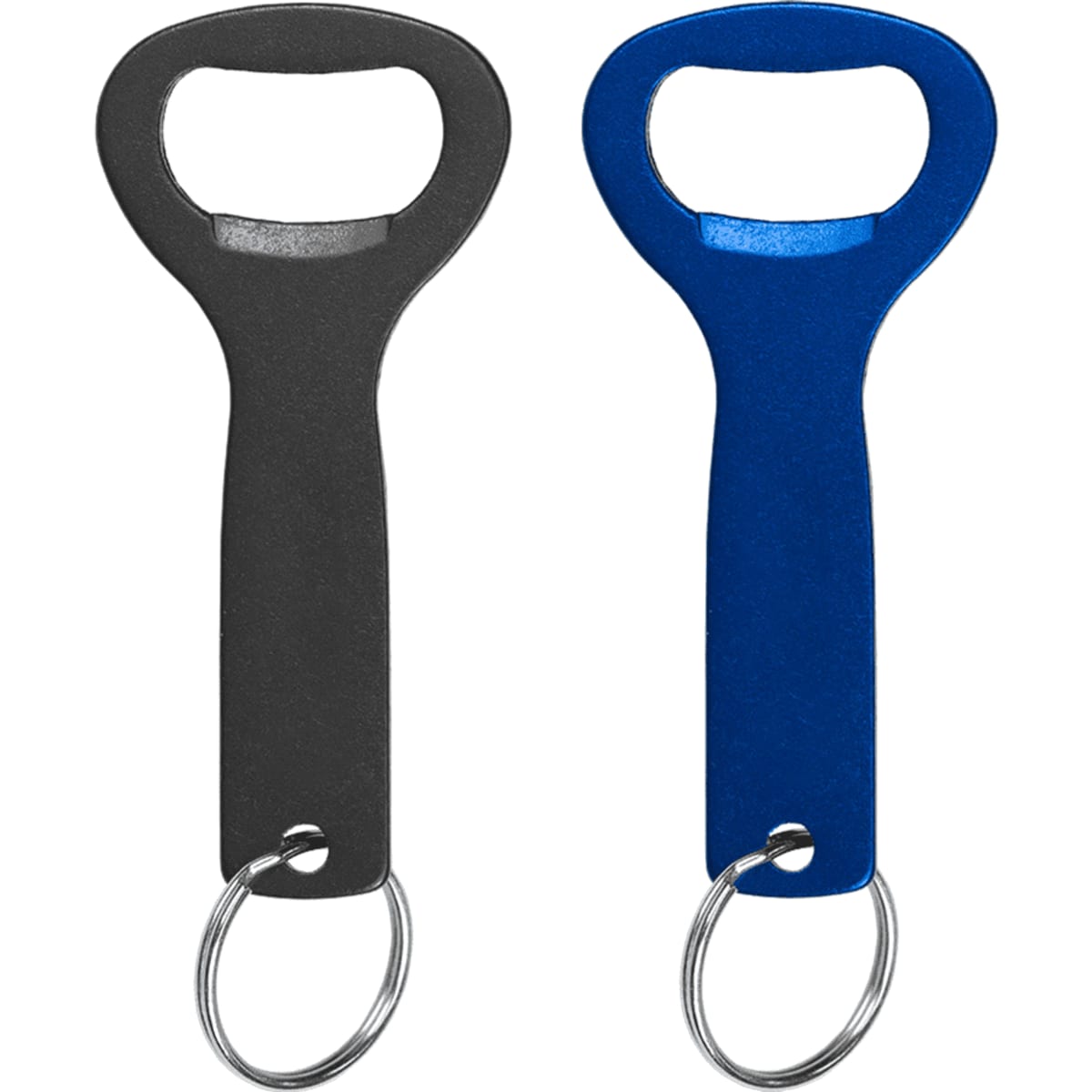 A drink bottle opener key ring in black and blue, featuring a simple design and a metal key ring.