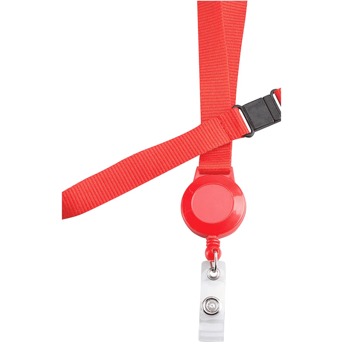 A red retractable badge holder with a strap and a clear attachment clip for securing badges or IDs.