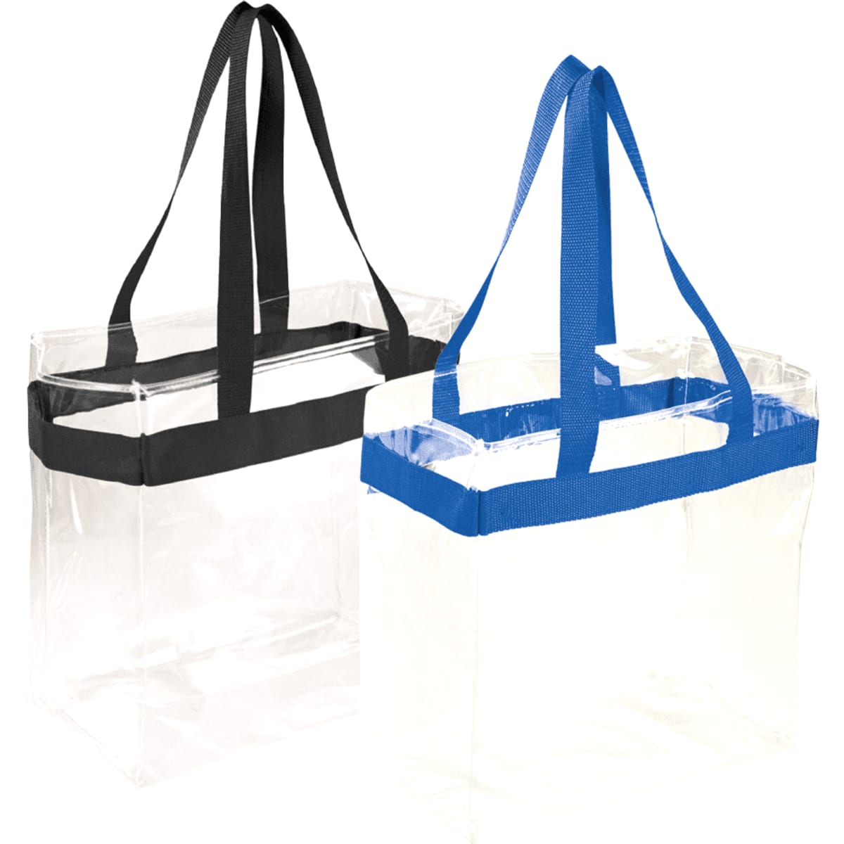 Two clear stadium tote bags, one with black straps and the other with blue straps. Both feature logos.