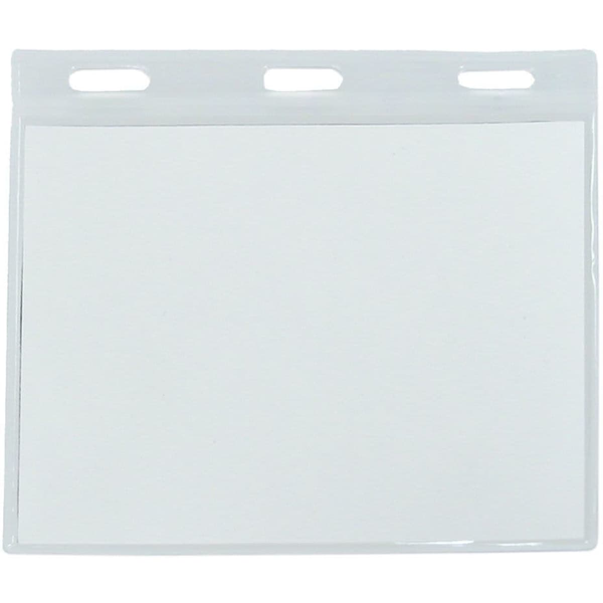 A clear plastic name badge holder featuring three slots at the top. It is designed for displaying identification.