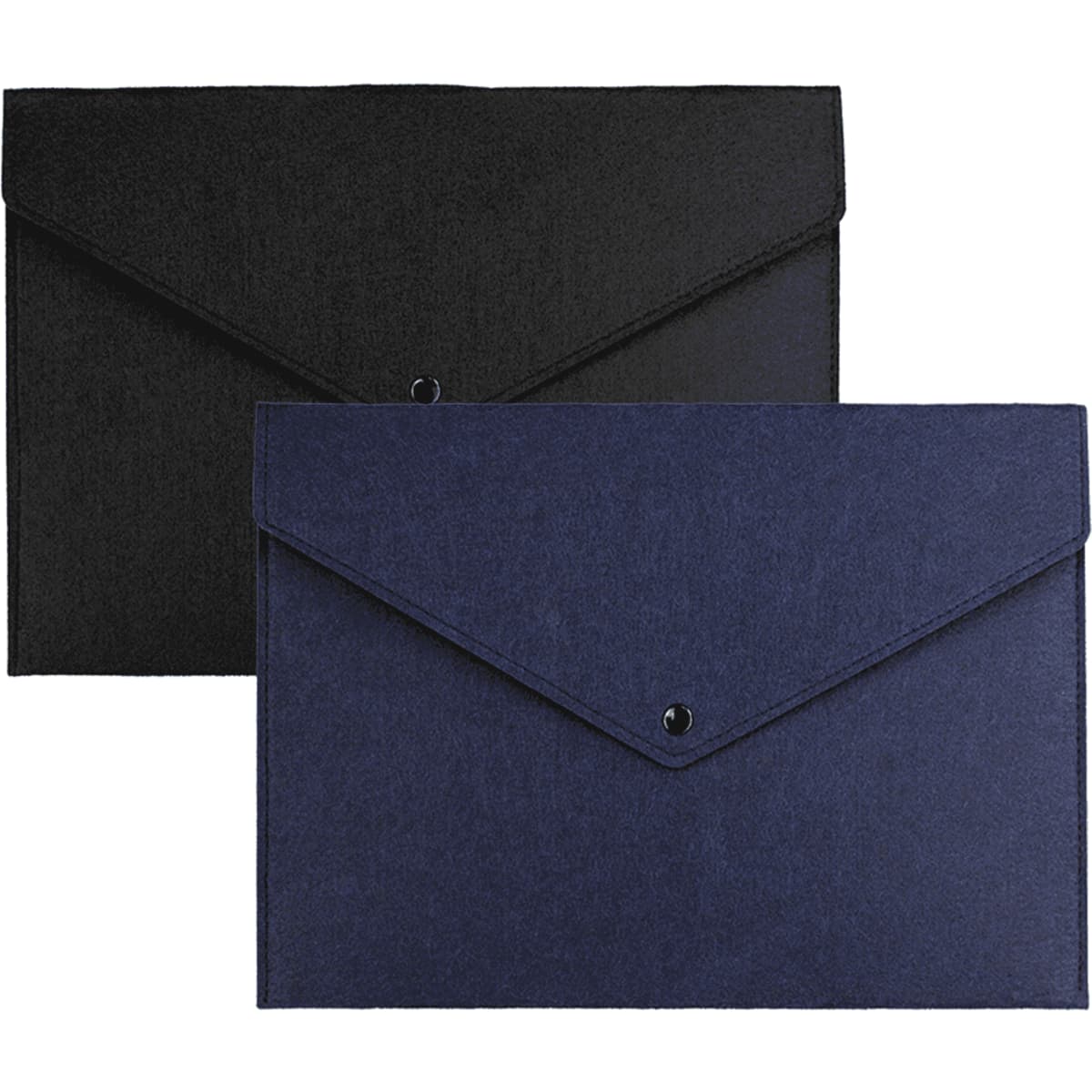 A set of two felt folders in black and navy, featuring a button closure and an envelope design.