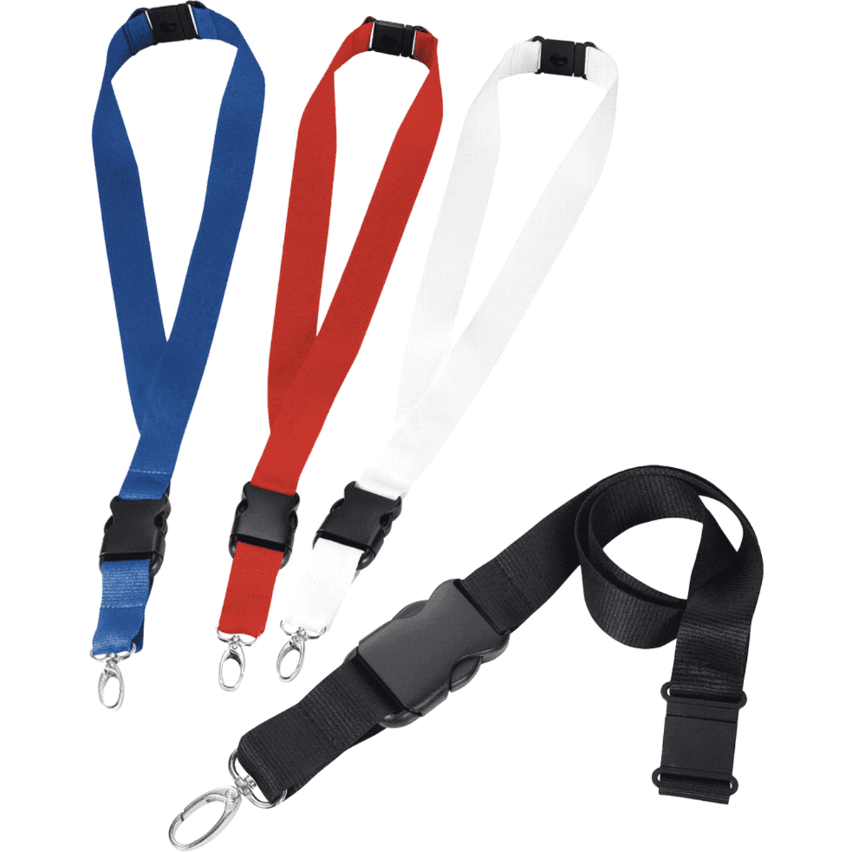 A selection of 25mm lanyards in blue, red, white, and black, featuring clips and a branded logo.