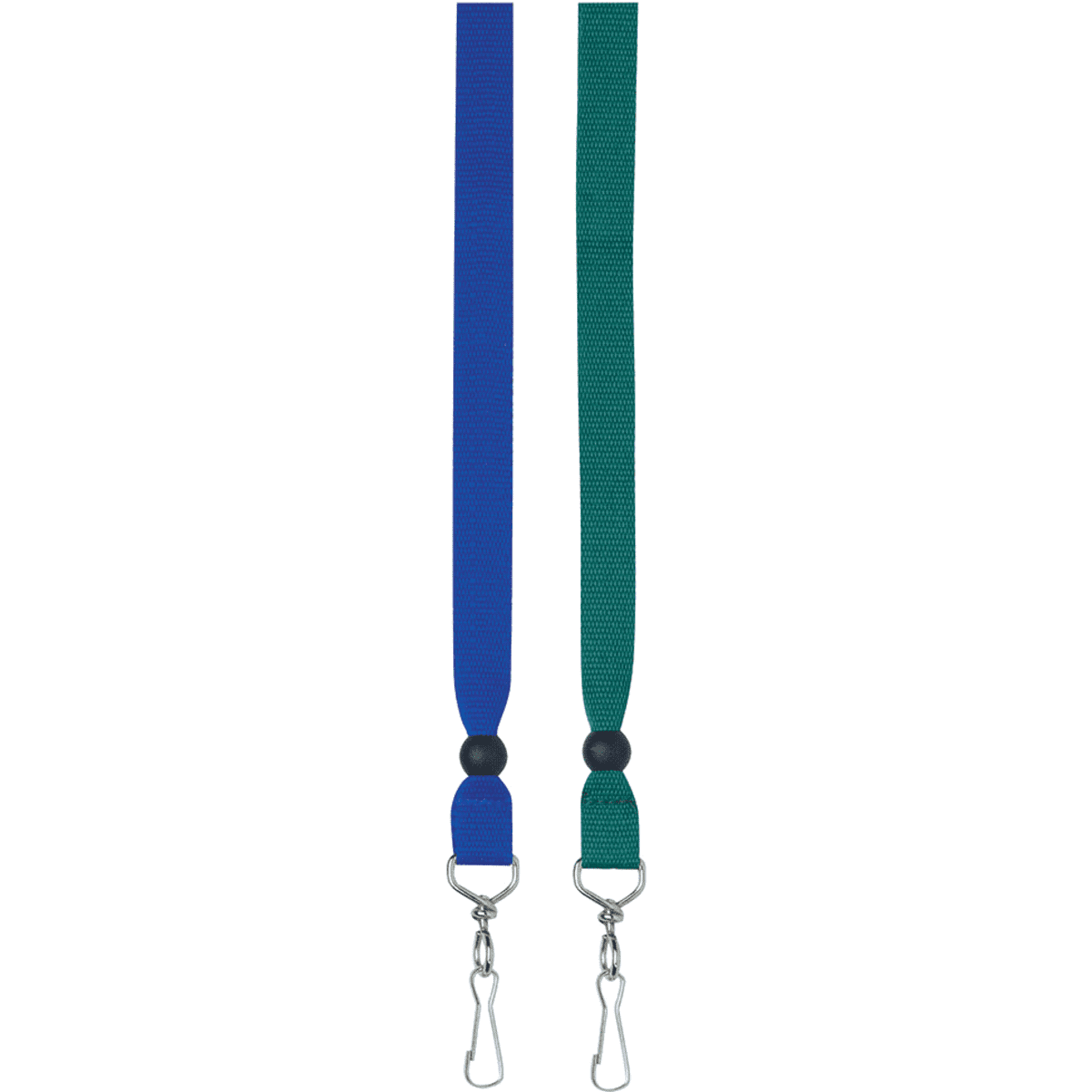 A blue and green ribbon lanyard, 15mm wide, featuring metal clips at both ends and a design for events.