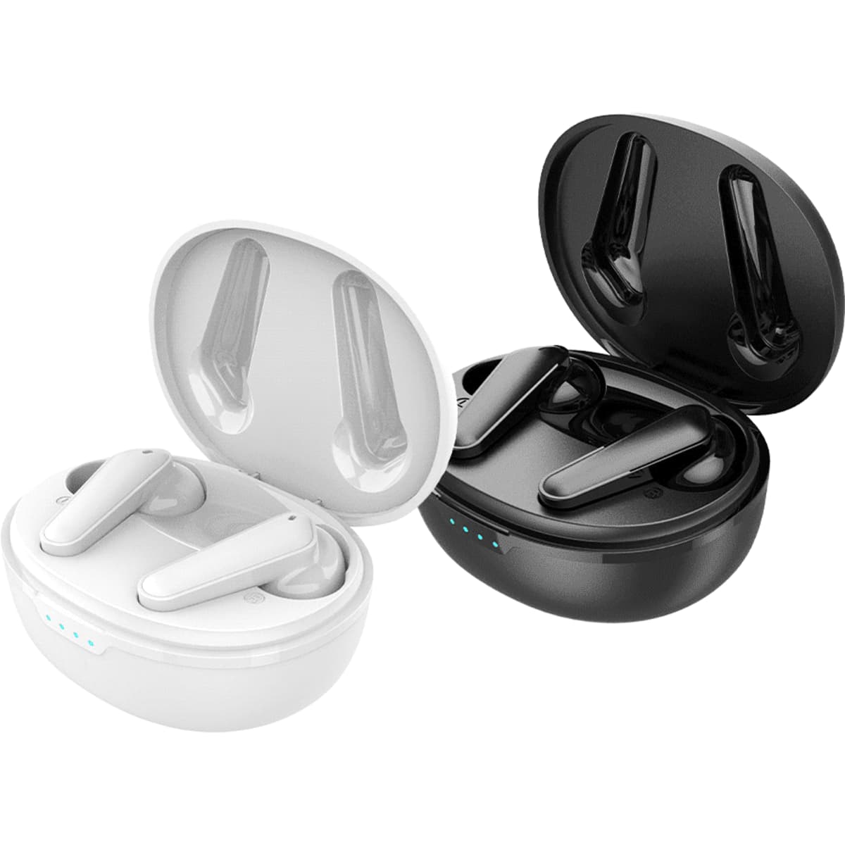 A set of wireless earbuds in white and black, displayed in their charging cases. Each case has a logo.