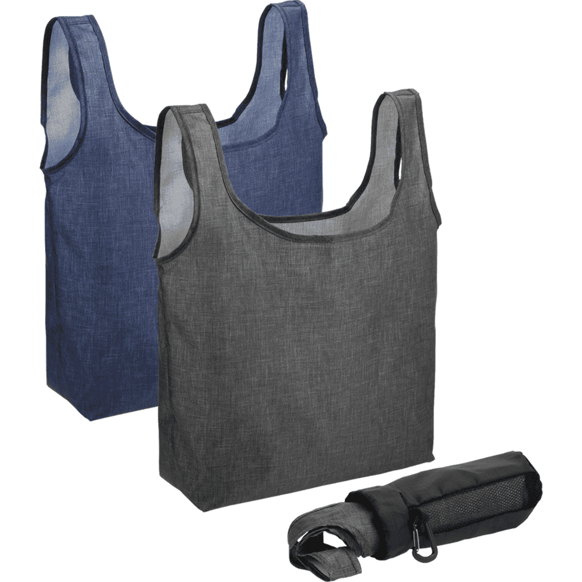 A set of three reusable grocery bags in navy blue and grey, including a compact carrying pouch.