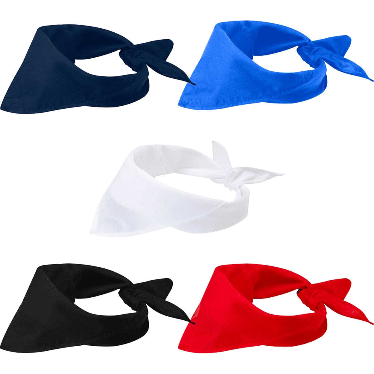A selection of Heracles bandanas in navy, blue, white, black, and red, featuring a tied design and varied colours.