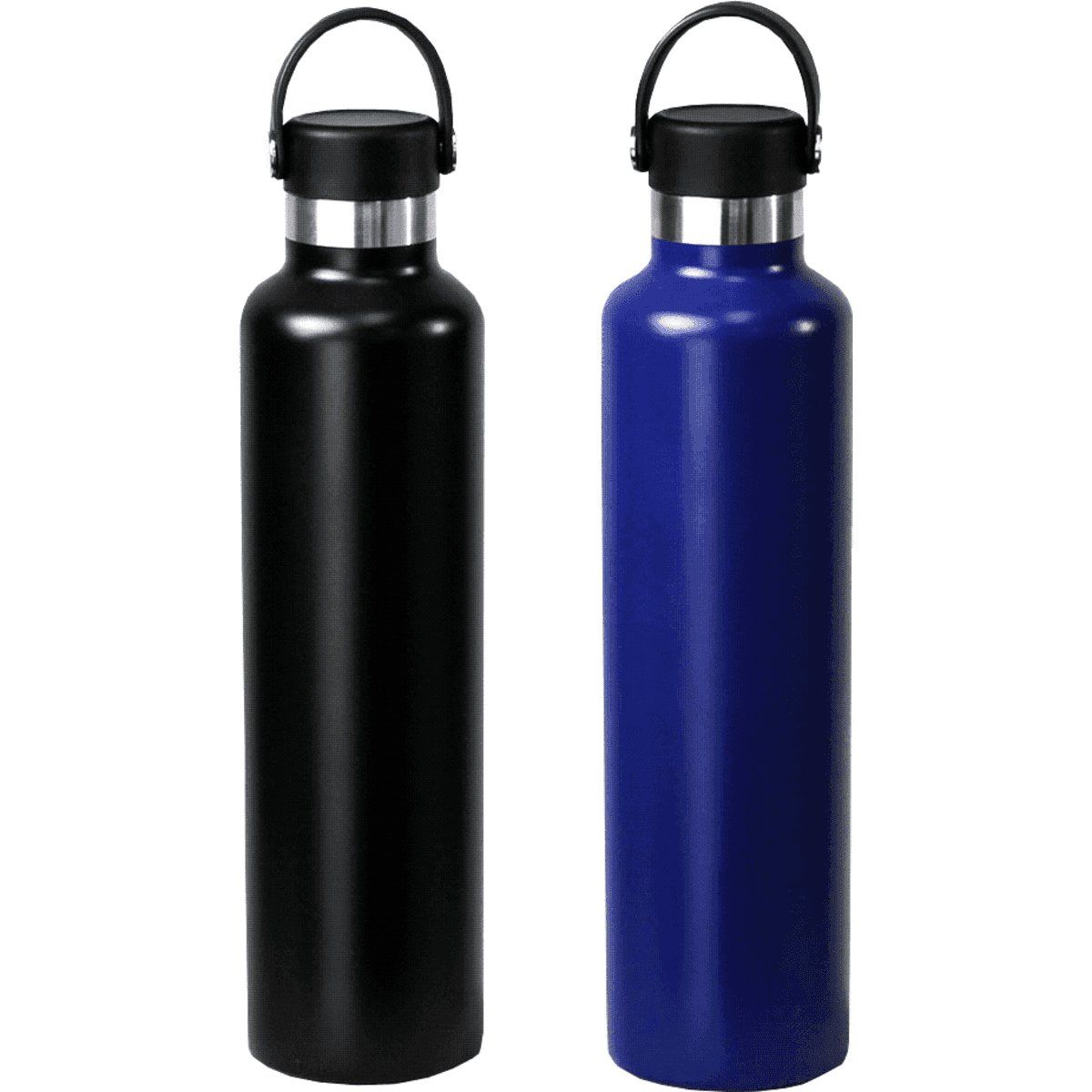 A drink bottle set featuring one black and one blue stainless steel 1L bottle, each with a black lid and handle.