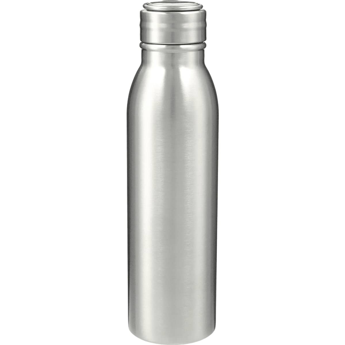 A drink bottle in stainless steel with a sleek, silver finish and a screw-on lid. It features a logo.