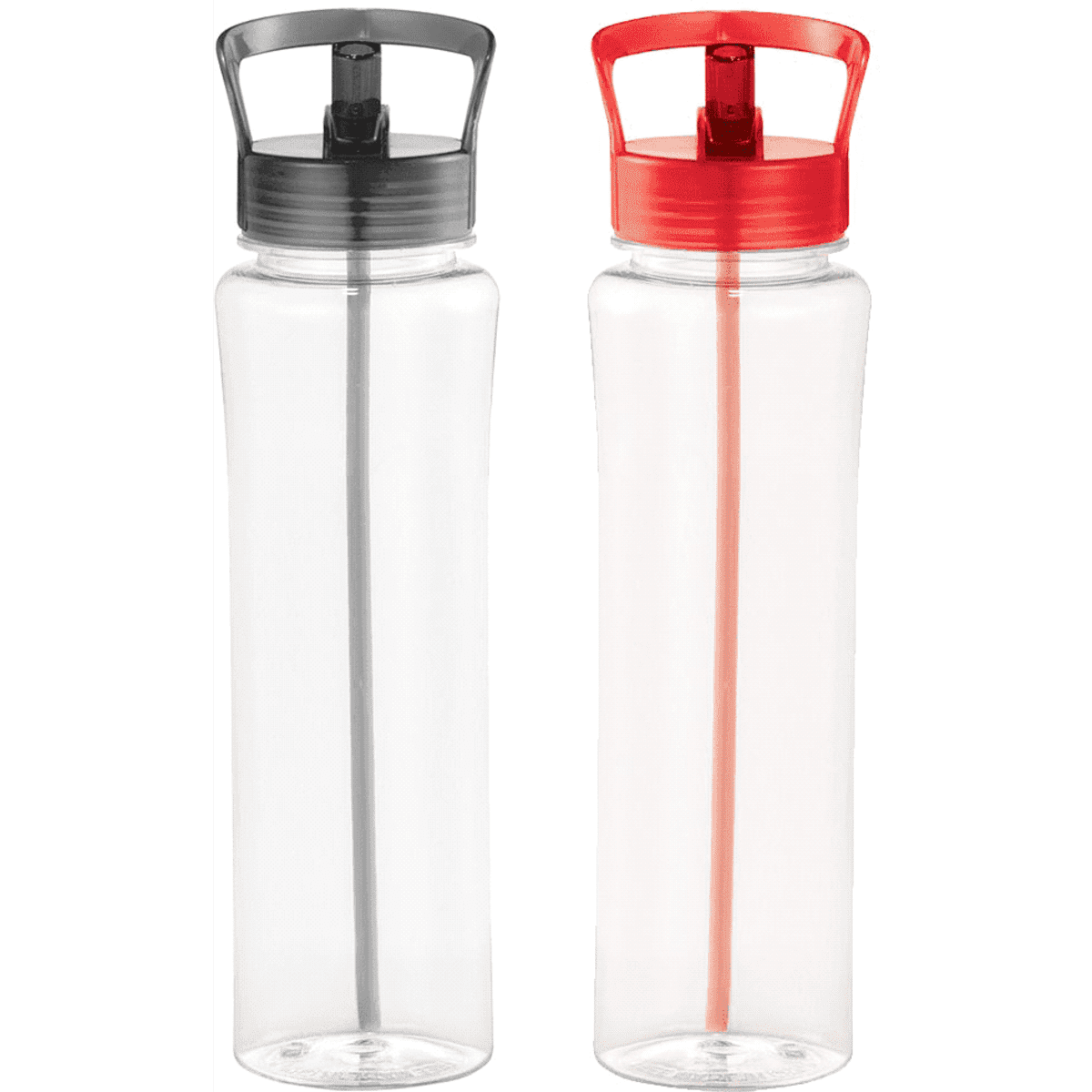 A drink bottle set featuring a clear design with grey and red caps and built-in straws, along with branding.