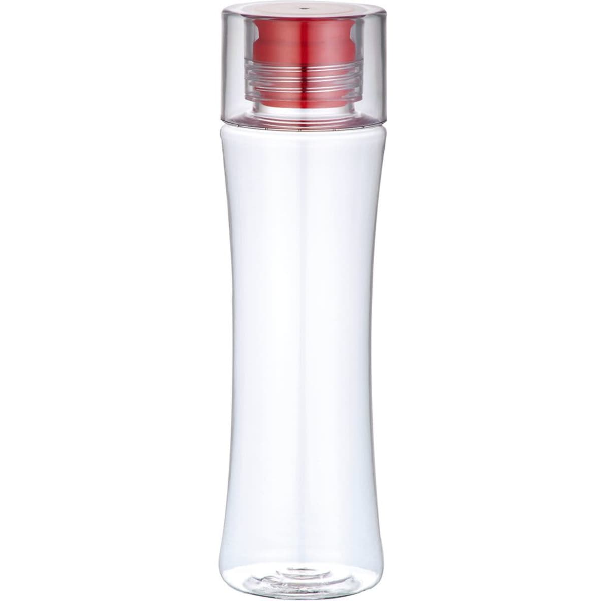 A drink bottle in clear plastic with a red cap, featuring a sleek, modern design and a branding logo.