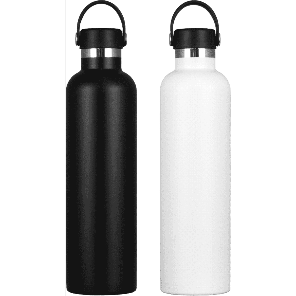 A drink bottle set featuring a matte black and a matte white stainless steel design, each with a handle and a branding logo.