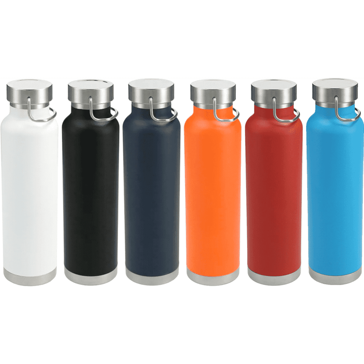 A drink bottle collection featuring white, black, navy, orange, red, and a turquoise blue, with stainless steel accents.