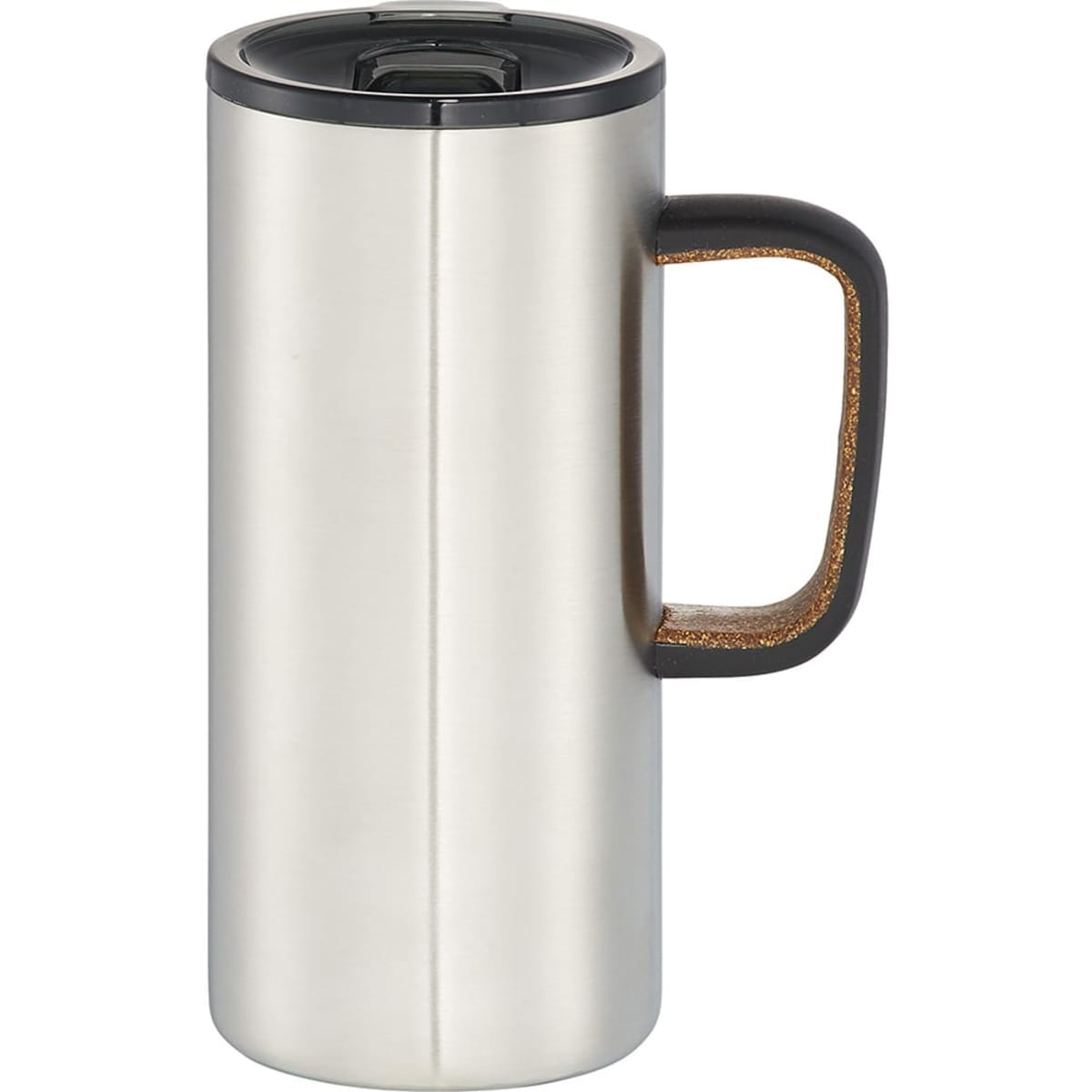 A drink bottle featuring a stainless steel body, a cork handle, and a push-lid. It has a sleek, modern design.