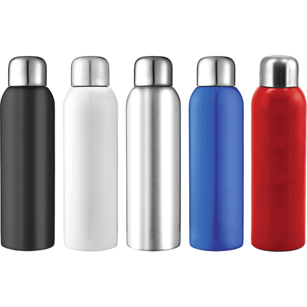 A drink bottle collection featuring black, white, silver, blue, and red stainless steel designs with metallic tops and logos.