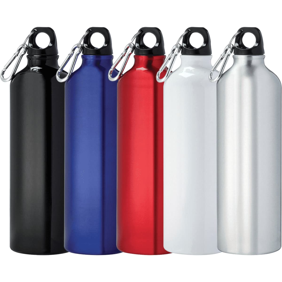 A drink bottle collection featuring black, blue, red, white, and silver aluminium options with a clip-on lid.