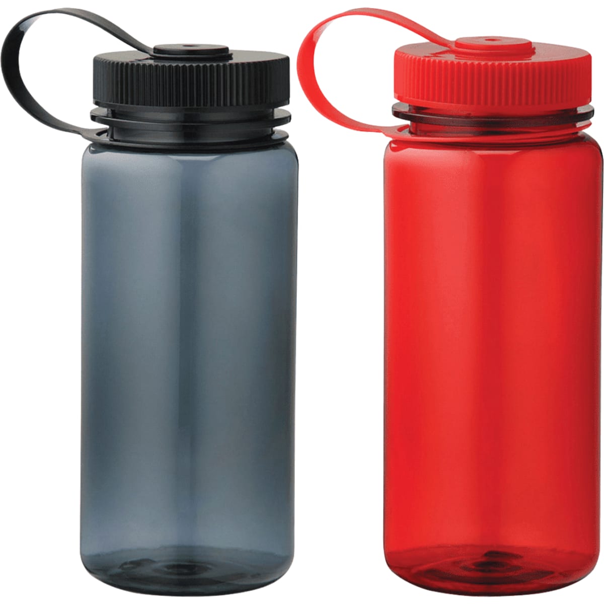 A drink bottle set featuring a black and a red 650ml sports bottle, both with matching lids and straps.