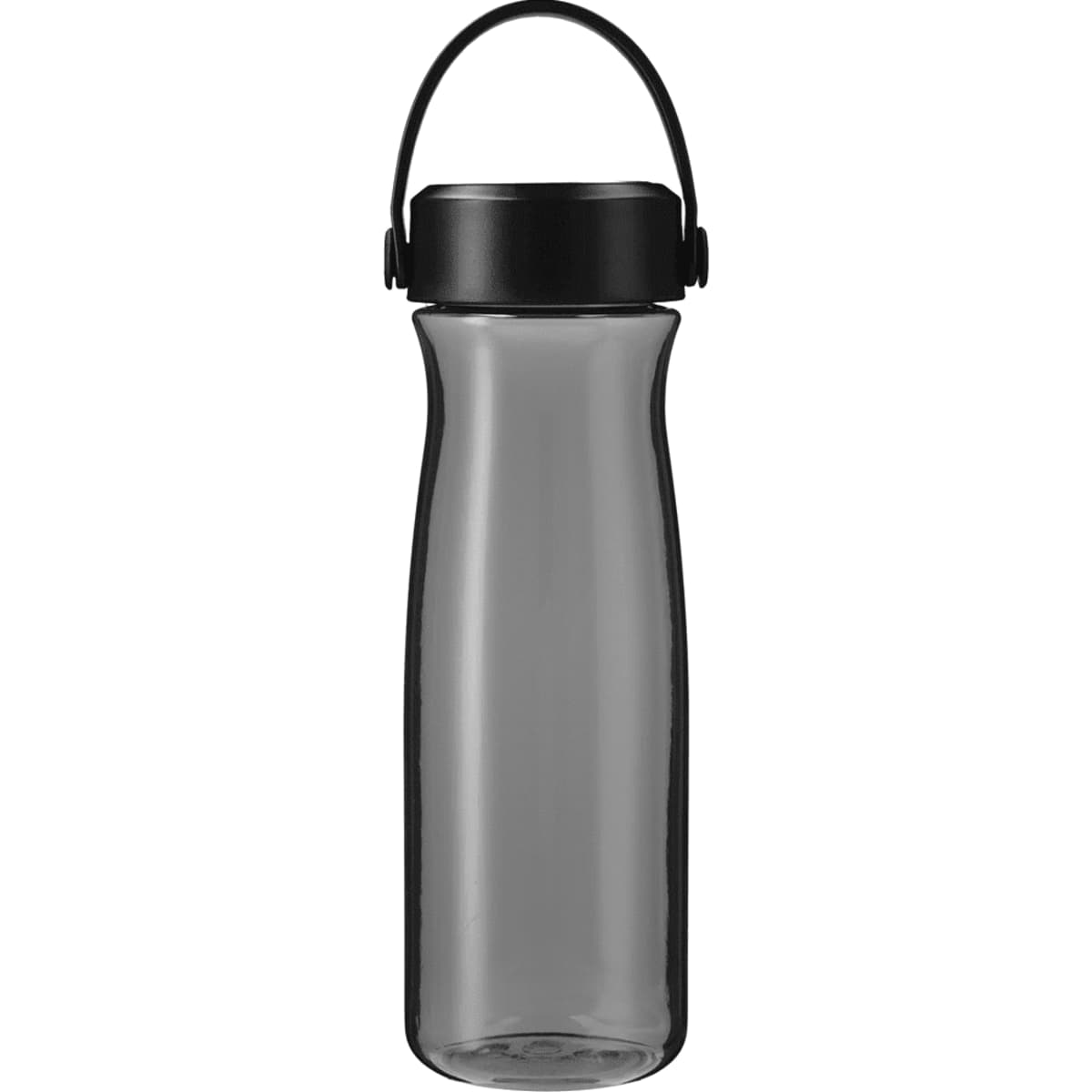 A drink bottle in a sleek black design with a transparent body and a handle, featuring a logo.
