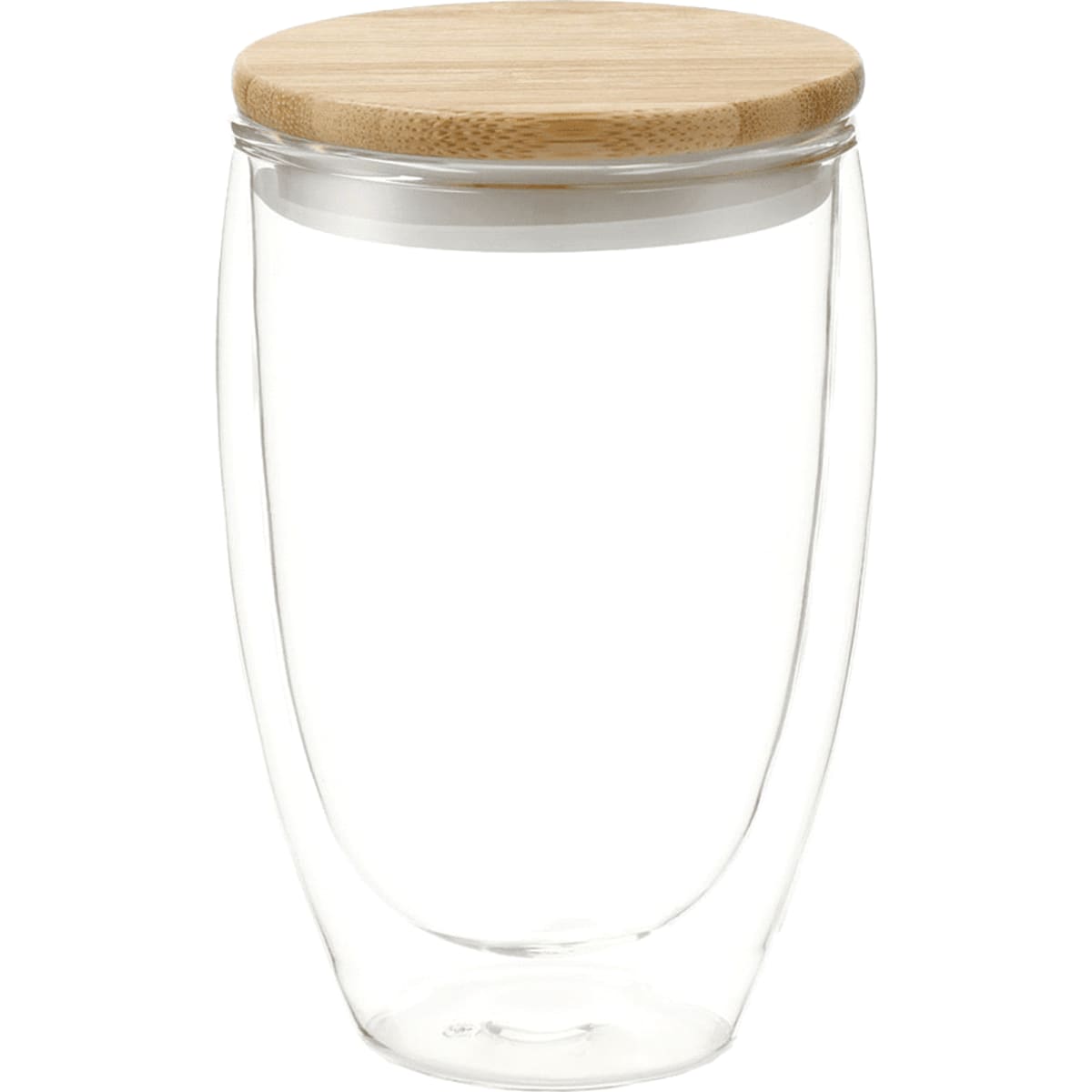 A drink bottle featuring a clear glass body and a bamboo lid, with a sleek, modern design.