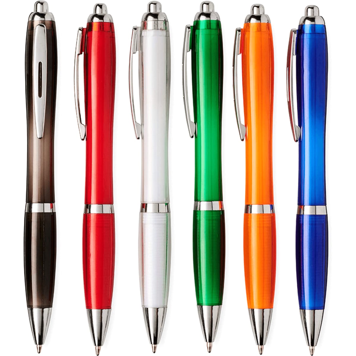A collection of ballpoint pens in various colours: black, red, white, green, orange, and blue, featuring a silver clip and accents.