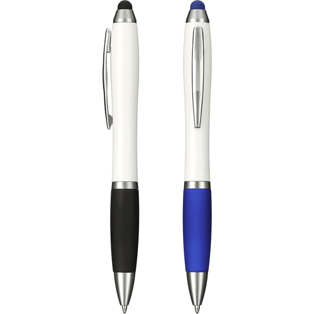 A set of two antibacterial stylus pens featuring a white body, one with a black grip and the other with a blue grip.